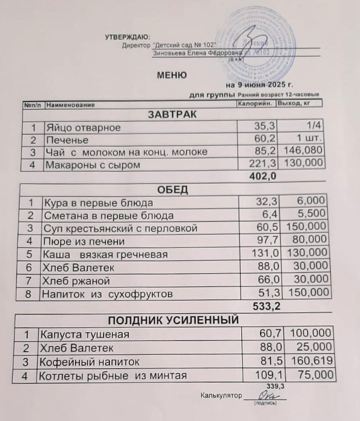 меню на 9.06